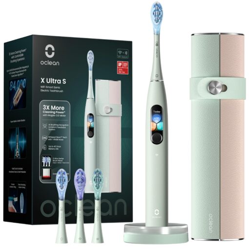 Oclean X Ultra S Electric Toothbrush with Screen Display, IPX7 Travel Toothbrush for Adults with 3 Brush Heads & Case, Smart Touchscreen