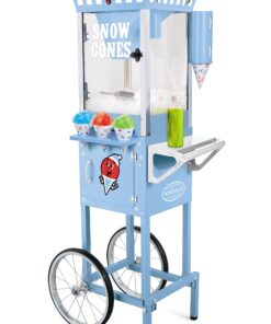 Nostalgia Snow Cone Shaved Ice Machine - Retro Cart Slushie Machine Makes 72 Icy Treats - Includes Metal Scoop, 2 Syrup Bottles, 100 Paper Cups/Spoons, Storage Compartment, Wheels - Blue, 54" Tall