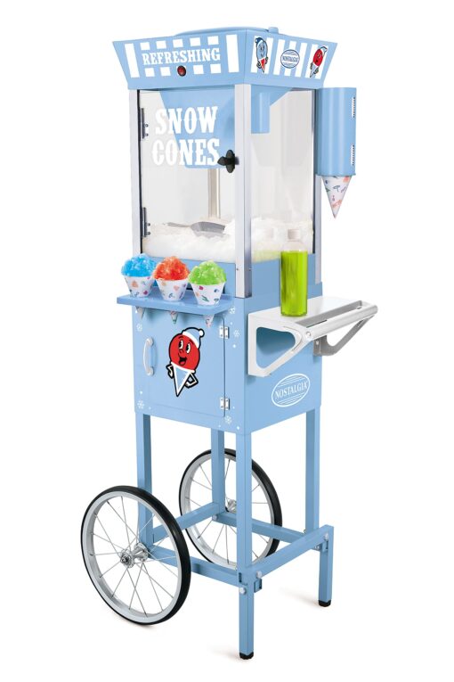 Nostalgia Snow Cone Shaved Ice Machine - Retro Cart Slushie Machine Makes 72 Icy Treats - Includes Metal Scoop, 2 Syrup Bottles, 100 Paper Cups/Spoons, Storage Compartment, Wheels - Blue, 54" Tall