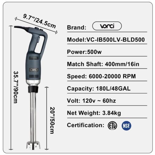 VONCI 500W Commercial Immersion Blender Handheld, 20" 304 Removable Shaft, Heavy Duty Stick Blender with Variable Speed 6000-20000RPM, Long Hand Mixer for Professional Kitchen Use. - Image 6