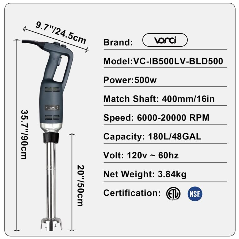 VONCI 500W Commercial Immersion Blender Handheld, 20" 304 Removable Shaft, Heavy Duty Stick Blender with Variable Speed 6000-20000RPM, Long Hand Mixer for Professional Kitchen Use. - Image 6