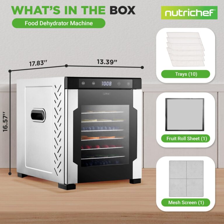 NutriChef Electric Countertop Food Dehydrator -900-Watt Premium Multi-Tier Meat Beef Jerky Maker Fruit/Vegetable Dryer w/10 Shelf Stainless Steel Trays,Digital Timer,Temperature Control-NCFD10S - Image 2