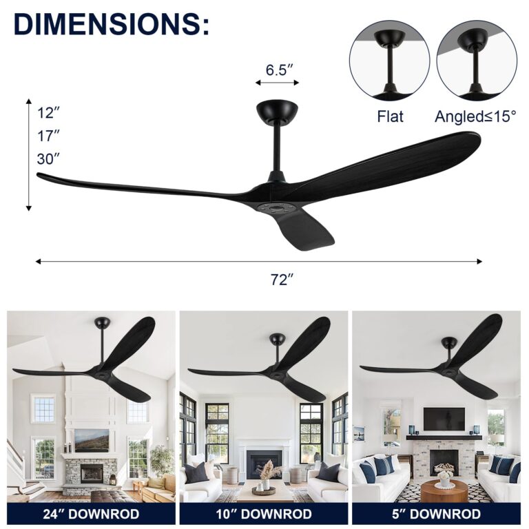 ZIMOFLL 72 inch Ceiling Fans Without Lights, Large Ceiling Fan no Light, Wet Rated Black Outdoor Ceiling Fans for Patios Outside Porch, High CFM speed DC Motor, 3 Blade Wood Ceiling Fan with Remote - Image 6