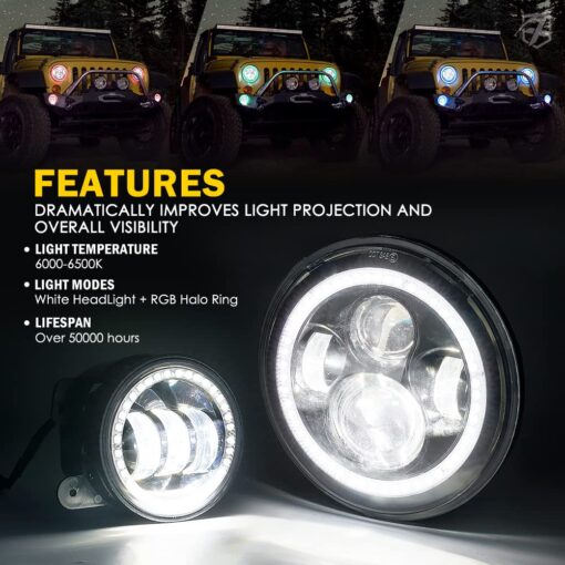 Xprite 7" Inch RGB Halo LED Headlights & 4" Fog Lights Led Combo Headlamp Assembly Dual Controlled RGB Light Kits Compatible with 2007-2018 Jeep Wrangler JK JKU, DOT Approved - Image 6