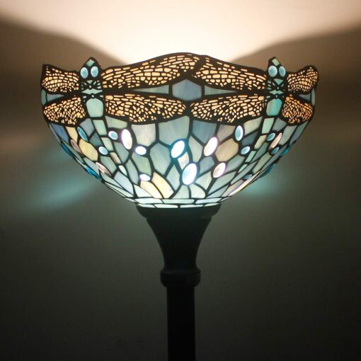 WERFACTORY Tiffany Floor Lamp Sea Blue Stained Glass Dragonfly Light 12X12X66 Inches Pole Torchiere Standing Corner Torch Uplight Decor Bedroom Living Room Home Office S147 Series - Image 9