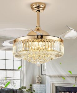 42'' Fandelier Ceiling Fans with Light, Chandelier Ceiling Fan, Retractable Crystal Ceiling Fan for Bedroom, Living Room, 3 Color Change, LED Dimmable, 6 Speeds, Reversible DC Motor-Gold