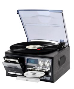 Vintage Record Player 9-in-1 Turntable with Built-in Speakers, AM/FM Radio, CD & Cassette Player, Bluetooth USB/SD Playback, Remote Control, Aux & RCA Inputs, Headphone Jack for Music Fans