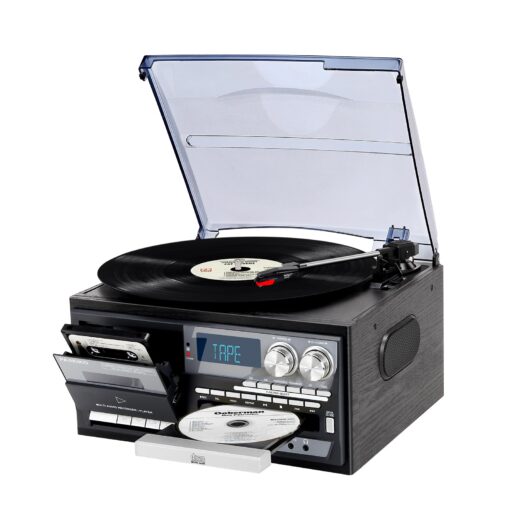 Vintage Record Player 9-in-1 Turntable with Built-in Speakers, AM/FM Radio, CD & Cassette Player, Bluetooth USB/SD Playback, Remote Control, Aux & RCA Inputs, Headphone Jack for Music Fans