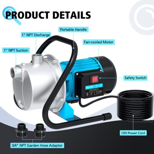BOMGIE 1.5HP Water Transfer Pump,1200GPH Shallow Jet Well Pump,Extended 13FT Power Cord Portable Sprinkler Booster Pump,Irrigation Lawn Fountain Pool Draining Self Priming Transfer Pumps - Image 2