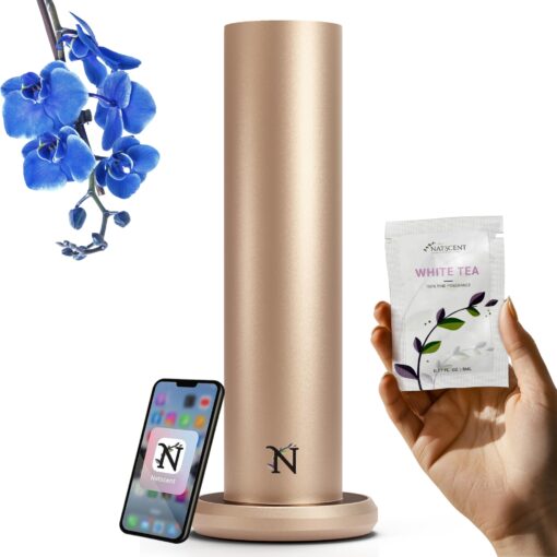 Natscent Dynamo Essential Oil Diffuser for Home with Fragrance Sample, App & Manual Control, Cold-Air Scent Diffusers for Home,Large Room, Hotel Scent Diffuser up to 1000sq.ft. Gold, Aroma Diffusers