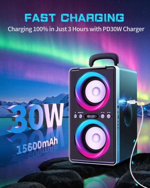 YIER Bluetooth Party Speaker, 200W Peak Portable Loud Stereo with Subwoofer, Wireless TWS Pairing Deep Bass Led Light Show with Fast Charging for Outdoor Home Party Camping - Image 3