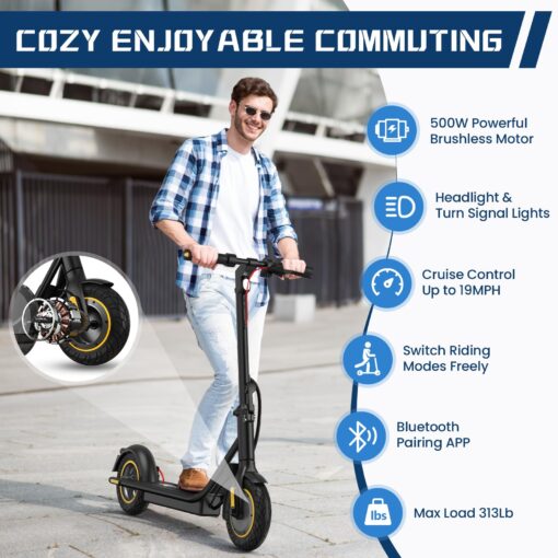 DXH Electric Scooter Adults,10" Tires, E Scooter with 500W Motor,Upto 19MPH & 20Miles, Scooter Electric for Adults with Dual Braking Safe System, Folding Electric Scooter with APP - Image 9