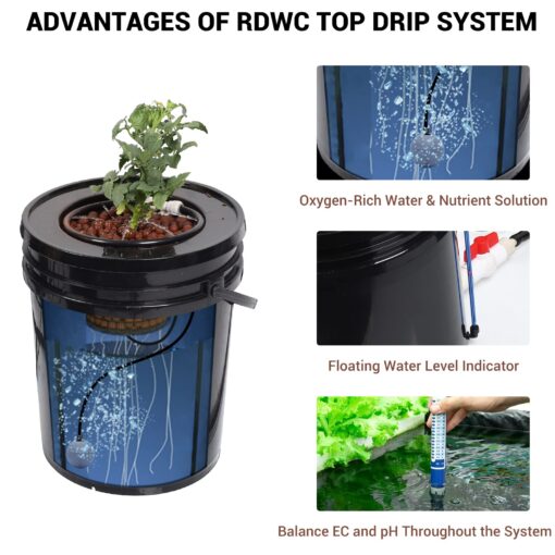 RDWC Top Feed Drip Hydroponics Systems, Recirculating Deep Water Culture Hydroponic Bucket System, 5 Gallon Hydroponics Growing System Kit with Water Pump, Air Pump(4 Bucket + Reservoir + Drip Kit) - Image 4