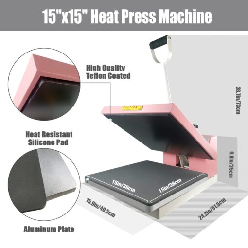BetterSub Print T-Shirt Machine DIY Digital Industrial Quality Heat Press Machine Clamshell Transfer Sublimation Print Press Machine 15‘’x 15'' Pink - Image 4