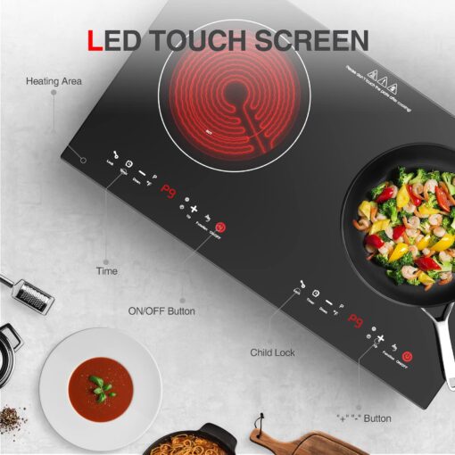 Electric Cooktop 24 Inch,Electric Stove 2 Burners 110V Built-in and Countertop Plug in 2400w,LED Touch Screen,9 Heating 9 Temperature,Overheat Protection,Kids Lock & Timer,Suitable for all Pans - Image 3