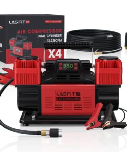 LASFIT X4 Off Road Air Compressor, [Fits 4x4 Vehicle, Truck, RV] 12.35CFM Super Fast Dual Cylinder Heavy Duty Portable Tire Inflator, 12V Smart Auto Stop Air Pump w/Digital Pressure Gauge, 150PSI Max