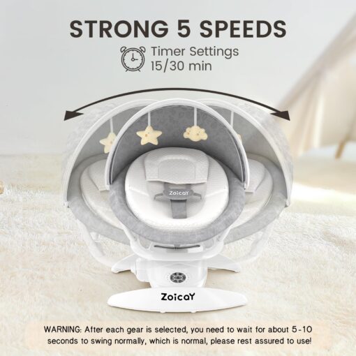 Zoicay 3-in-1 Baby Swing for Infants to Toddler with Motion Detection, Portable Baby Swing & Removable Swing Seat, BT Enabled & 360°Rotating Seat and Manual Remote with 3 Swing Modes & 5-Speeds(White) - Image 5