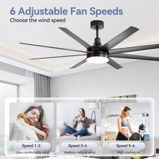 65 Inch Ceiling Fan with Light and Remote, 8-Blade, Reversible DC Motor, 6-Speed, Timer, Industrial Ceiling Fans with Led Light Chandelier for Bedroom Office (Black) - Image 6