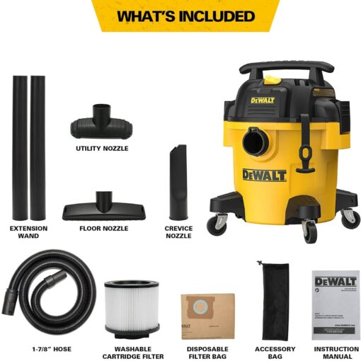 DEWALT DXV05P 5 Gallon Poly Wet/Dry Vac, 4 Peak HP Shop Vacuums with Attachments, Powerful Suction, 1-7/8" Hose, DXV05P, Yellow - Image 3