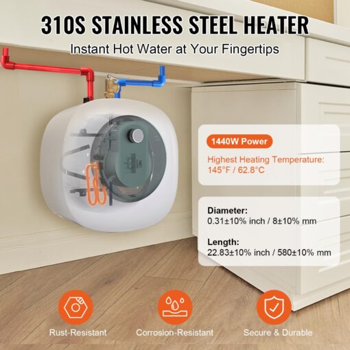 VEVOR Electric Mini-Tank Water Heater, 4-Gallon Tank Hot Water Boiler Storage, 1400W Power, Safety Temperature Pressure Valve Easy Install, for Kichen Bathroom Restaurant, Shelf Wall Floor Mounted - Image 6