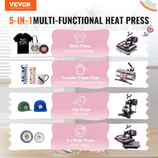 VEVOR 5 in 1 Heat Press Machine Combo with 30 OZ Tumbler Press & Hat Press 12x15 inch Heat Press for T-Shirts, Hats Caps Tumblers Glass Cans Mugs, and Plates (Pink & Black) - Image 3
