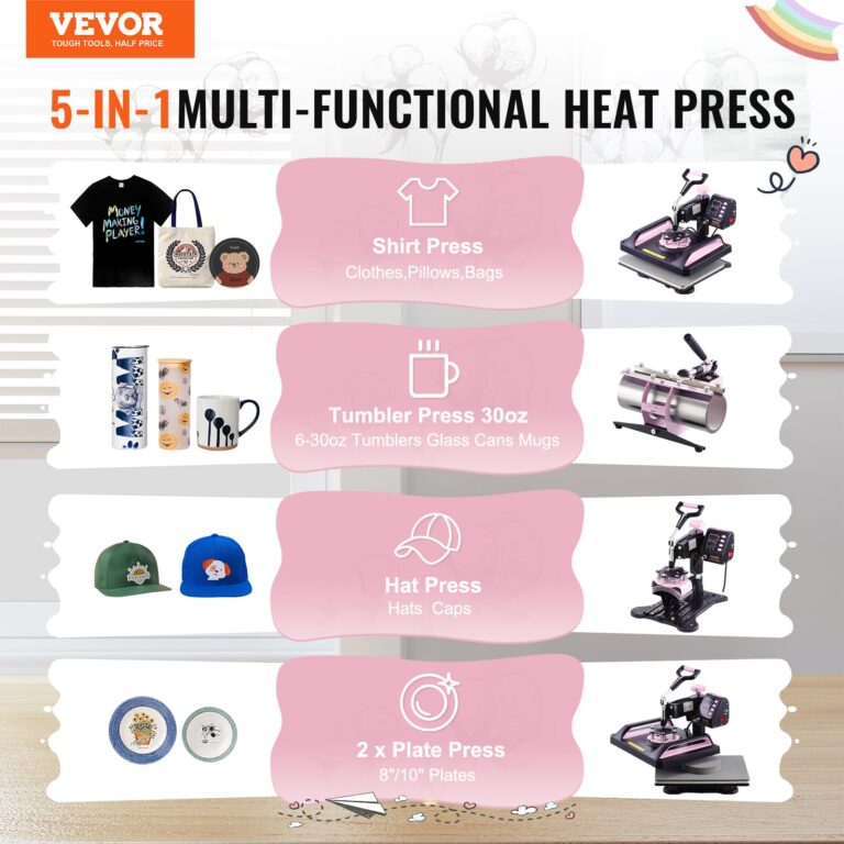 VEVOR 5 in 1 Heat Press Machine Combo with 30 OZ Tumbler Press & Hat Press 12x15 inch Heat Press for T-Shirts, Hats Caps Tumblers Glass Cans Mugs, and Plates (Pink & Black) - Image 3