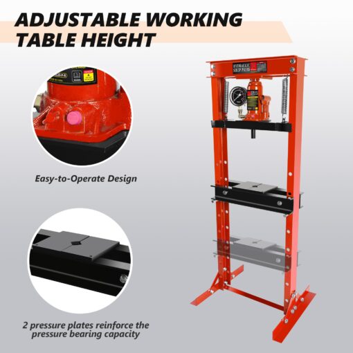 12 Ton Hydraulic Press, H-Frame Garage Floor Shop Press with Built-in Relief Valve & Pressure Gauge to Bend, Straighten, Or Press Parts, Install Bearings & U-Joints - Image 4