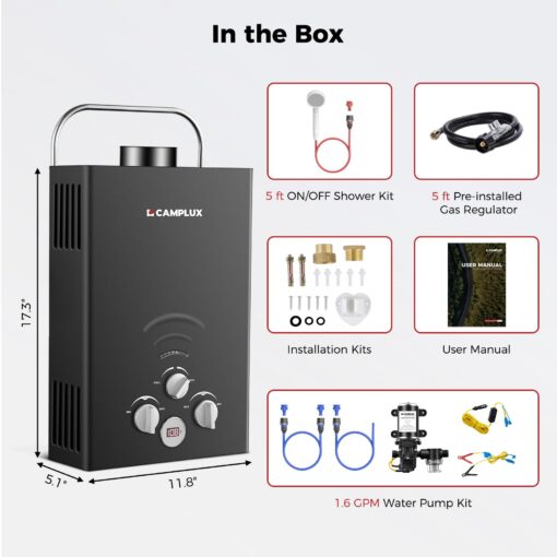 CAMPLUX Portable Water Heater,1.58 GPM Propane Water Heater Outdoor,41,000 BTU Camping Water Heater with 1.6 GPM Water Pump Pack，BW158GP60, Black - Image 2