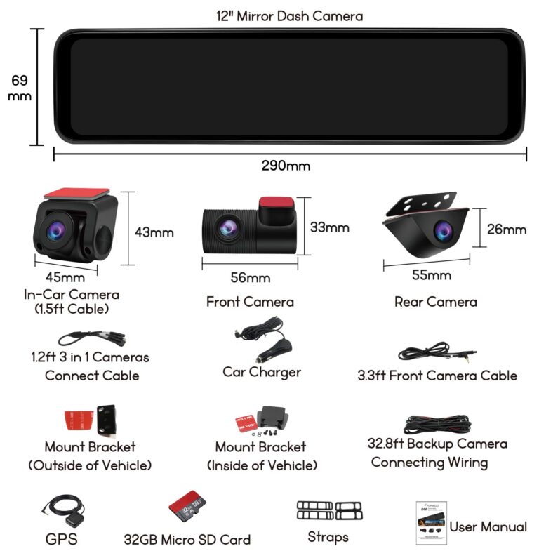 PORMIDO Triple Mirror Dash Cam 12" with Detached Front and in-Car Camera,Waterproof Backup Rear View Dashcam Anti Glare 1296P IPS Touch Screen with Sony Sensor,Starvis Night Vision,GPS,Parking Assist - Image 2