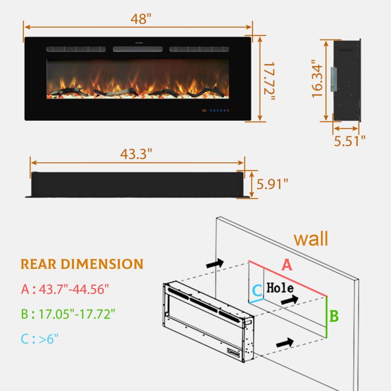 Kentsky 48 inches Electric Fireplace Inserts, Recessed and Wall Mounted Fireplace Heater, Linear Fireplace w/Thermostat, Remote & Touch Screen, Multicolor Flame, Timer, Log & Crystal, 750W/1500W - Image 4
