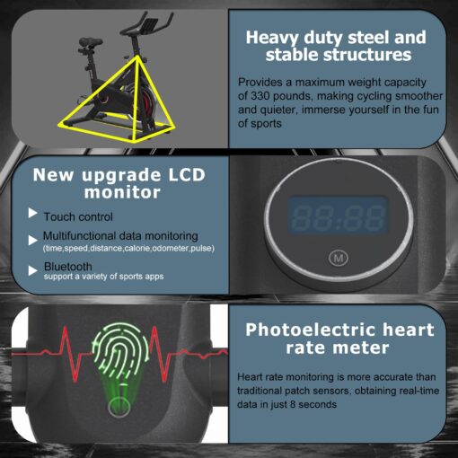 GOFLYSHINE Exercise Bike, Stationary Bike Stationary Indoor Cycling Bike for Home Cardio Gym 300lbs Weight Capacity, Workout Bike with Heavy Flywheel, Seat Cushion, LCD Monitor, Optoelectronic Heart Rate Monitoring, Heavy Duty Steel Frame,Silent Belt Driv - Image 5