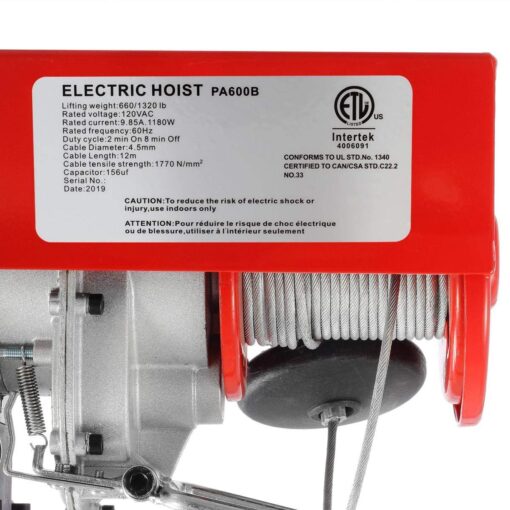 Partsam Electric Hoists 1320lbs Automatic Lift Cable Hoist with Wireless Remote Control 110V Overhead Crane Garage Ceiling Pulley Winch w Towing Strap Sling, Electric Wire Rope Hoist,38ft Lift Height - Image 8