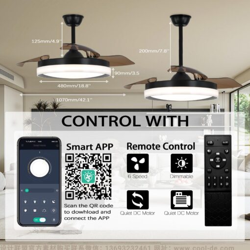 Zenouidle 42" Retractable Ceiling Fan Modern Ceiling Fans with Lights and Remote,3 Color 6 Speed Round Dimmable Fandelier for Bedroom Living Room Dining Room - Image 7