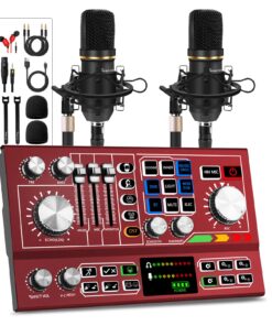 Hayner-Seek Podcast Equipment Bundle for 2,Audio Interface DJ Mixer With 3.5mm XLR Condenser Microphone for Living Streaming,Recording,Gaming,TikTok,YouTube,PC,Smartphone (Red)