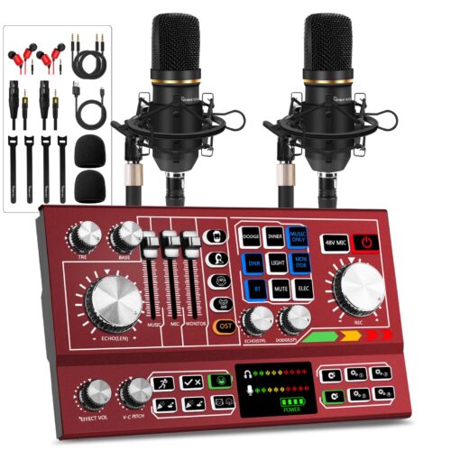 Hayner-Seek Podcast Equipment Bundle for 2,Audio Interface DJ Mixer With 3.5mm XLR Condenser Microphone for Living Streaming,Recording,Gaming,TikTok,YouTube,PC,Smartphone (Red)