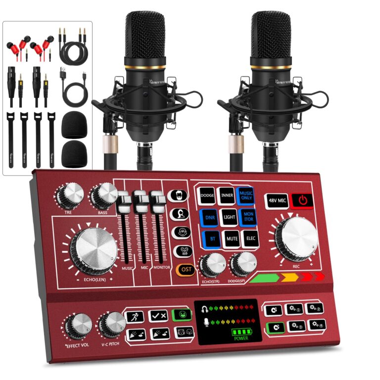 Hayner-Seek Podcast Equipment Bundle for 2,Audio Interface DJ Mixer With 3.5mm XLR Condenser Microphone for Living Streaming,Recording,Gaming,TikTok,YouTube,PC,Smartphone (Red)