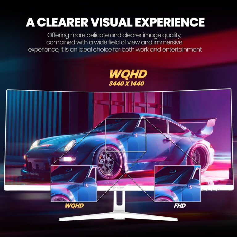 CRUA 34Inch White Gaming Monitor 144hz 21:9 1500R Ultra Wide Curved Monitor, WQHD (3440X1440P) 120%sRGB VA Panel Computer Monitor Support AMD Freesync, HDMI 2.0 & DP1.4, Wall Mountable/Tilt Adjustable - Image 5