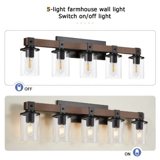 DUJAHMLAND 5-Light Farmhouse Vanity Lights,Wood Bathroom Wall Lighting with Clear Glass, Industrial Metal Wall Sconce for Bedroom, Kitchen, Hallway (Wood, 5-Light) - Image 6
