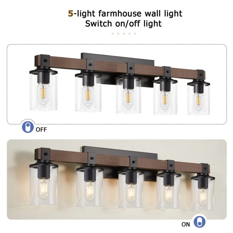 DUJAHMLAND 5-Light Farmhouse Vanity Lights,Wood Bathroom Wall Lighting with Clear Glass, Industrial Metal Wall Sconce for Bedroom, Kitchen, Hallway (Wood, 5-Light) - Image 6