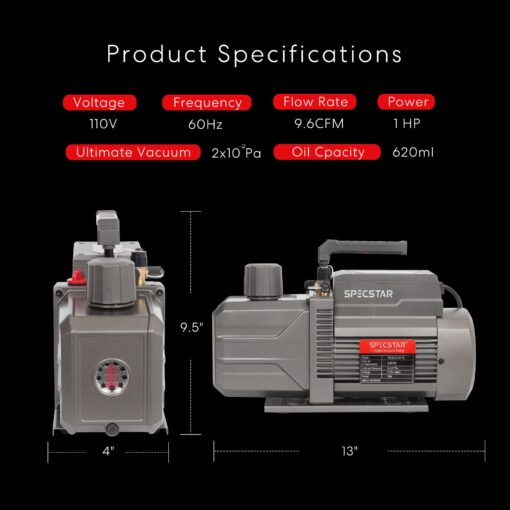 SPECSTAR 110V 9.6 CFM 1 HP Dual-Stage Rotary Vane HVAC Air Vacuum Pump for R12 R22 R134a R410a Systems with Oil Bottle - Image 2