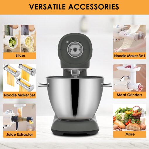 ZACME Mixers Kitchen Electric Stand Mixer 5.5QT 600W, Aluminum die casting and Gears, Dual Cooling System, Low Noise, DC Motor, LED Display and Timing Function, Tilt-head Metal Food Mixer, Grey - Image 7