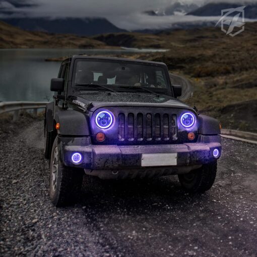 Xprite 7" Inch RGB Halo LED Headlights & 4" Fog Lights Led Combo Headlamp Assembly Dual Controlled RGB Light Kits Compatible with 2007-2018 Jeep Wrangler JK JKU, DOT Approved - Image 5