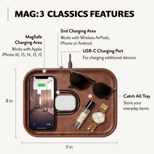 COURANT MAG:3 Classics Charger and Tray - Italian Leather, Multi-Device Charger Compatible with MagSafe iPhones 16, 15, 14, 13, 12 or Wireless AirPod Cases (Saddle) - Image 5