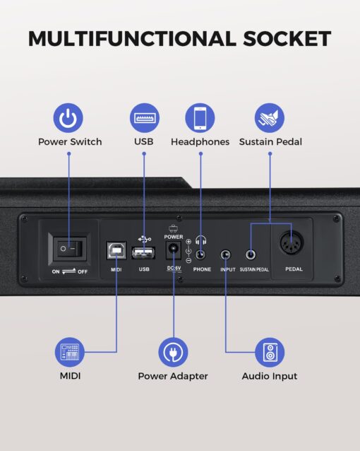 Fesley Weighted Piano Keyboard 88 Keys: Full Size Electric Keyboard Piano for Beginners, Portable 88 Key Keyboard with Daul Speaker,Sustain Pedal,Power Adapter,Support Bluetooth,USB MIDI,FEP300,Black - Image 5