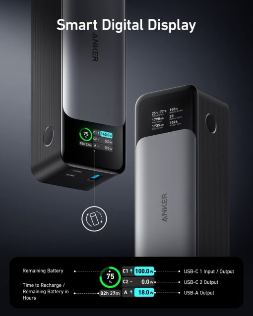 Anker 737 Power Bank, 24,000mAh 3-Port Laptop Portable Charger with 140W Fast Charging, Smart Display, for Outdoor Work, Compatible with iPhone 16/15/14 Series, Vision Pro, Samsung, MacBook, and More - Image 5