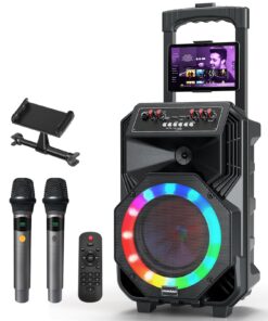 Karaoke Machine with 2 Wireless Microphones, Rolling Wheels, and Trolley – 8800mAh Portable Bluetooth Speaker, PA System with Lights, Adjustable Bass/Treble/Echo for Parties, Indoor and Outdoor Use