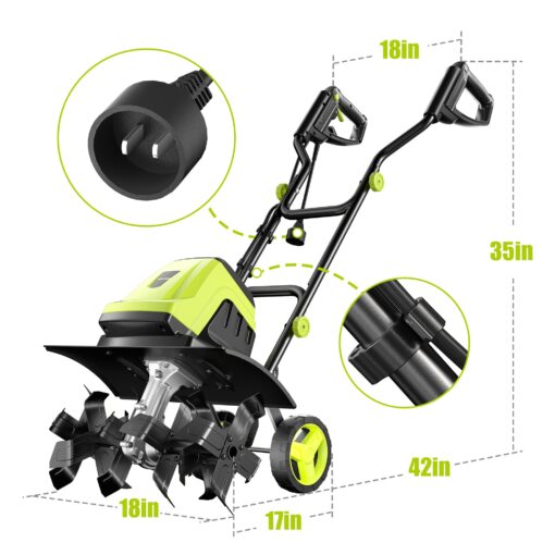Electric Tiller, YERYORK 15-Amp 18-Inch Width 9-Inch Depth Corded Tiller Cultivator 24 Durable Steel Tines Gardening Tiller with Adjustable Wheels Foldable Handle for Easy Soil Cultivation - Image 2