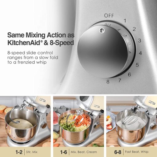 OSTBA Die-Cast Stand Mixer, 8 Speeds, 600W, 5.5Qt Tilt-Head, Stainless Steel Bowl, Dishwasher Safe, Dough Hook, Egg Whisk, Mixer Beater, Splash Guard, Almond Cream - Image 7