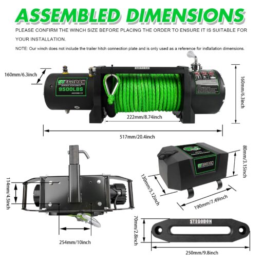 STEGODON Winch 9500lb Winch 12V Waterproof Electric Winch Synthetic Rope Winch with Wireless Remote and Corded Control for Truck SUV Jeep Wrangle (Green Rope) - Image 7