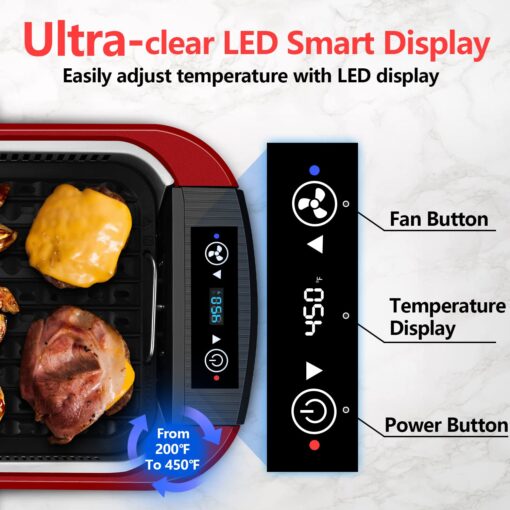 CUSIMAX Smokeless Indoor Grill, Electric Grill Griddle, 1500W Korean BBQ Grill with LED Smart Display & Tempered Glass Lid, Non-stick Removable Grill Plate & Griddle Plate, Red - Image 6